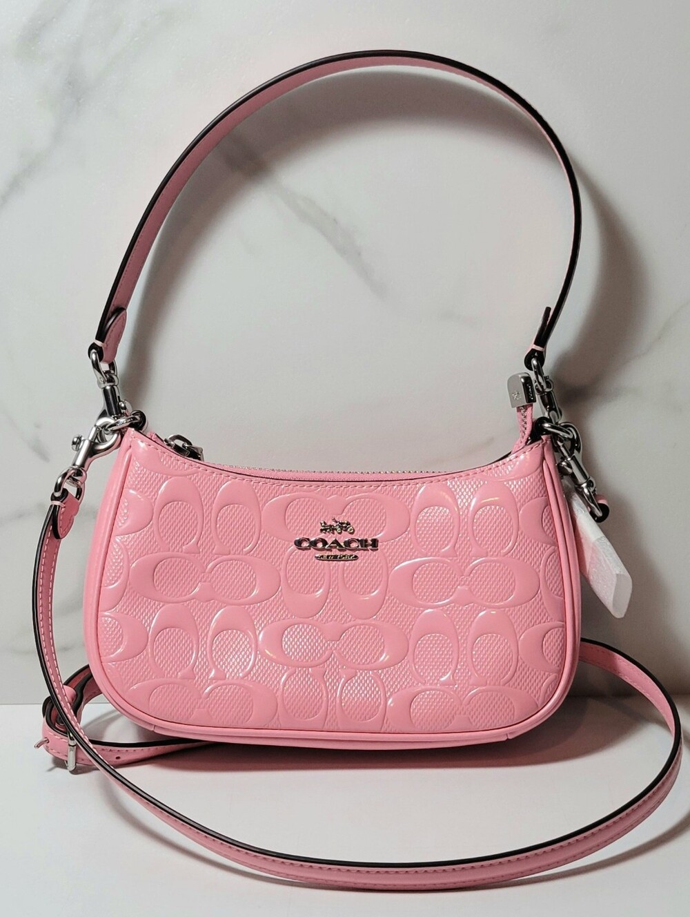 Coach Teri Mini Crossbody Bag Signature Patent Leather Pearlized Pink NWT